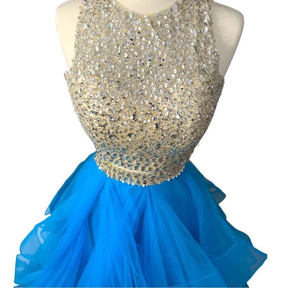 TWO PIECE Mesh Rhinestone Crop Top Prom Dress Full Skirt Blue Sz 12 - Picture 8 of 16